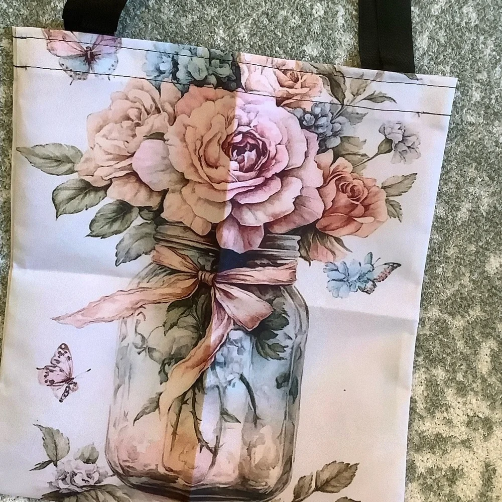 Floral Bouquet Mason Jar Butterflies Shabby Chic Polycanvas Tote Bag NWT 14x16 - Picture 6 of 13